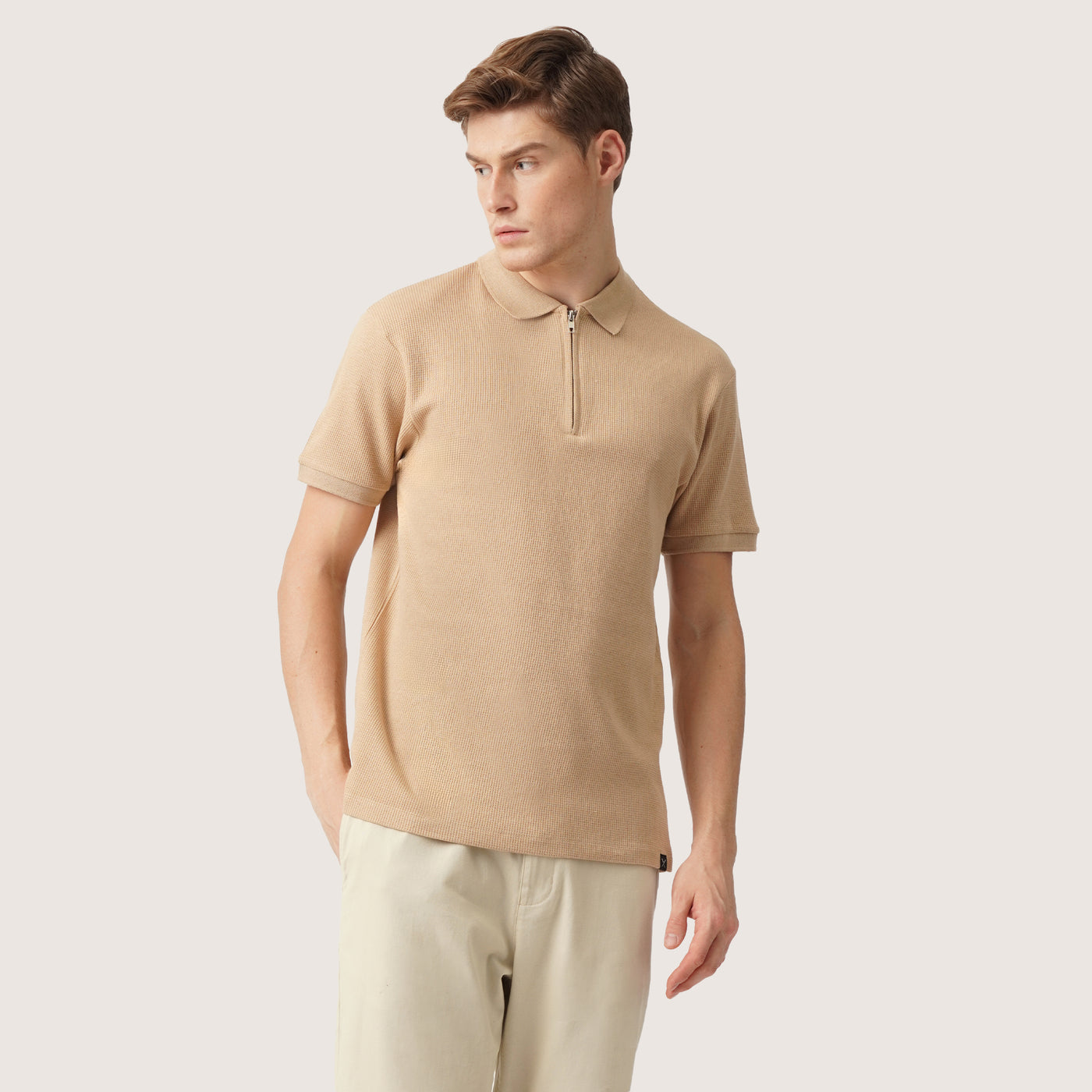 Relaxed Fit Flat Knit Polo With Zip Up Closure